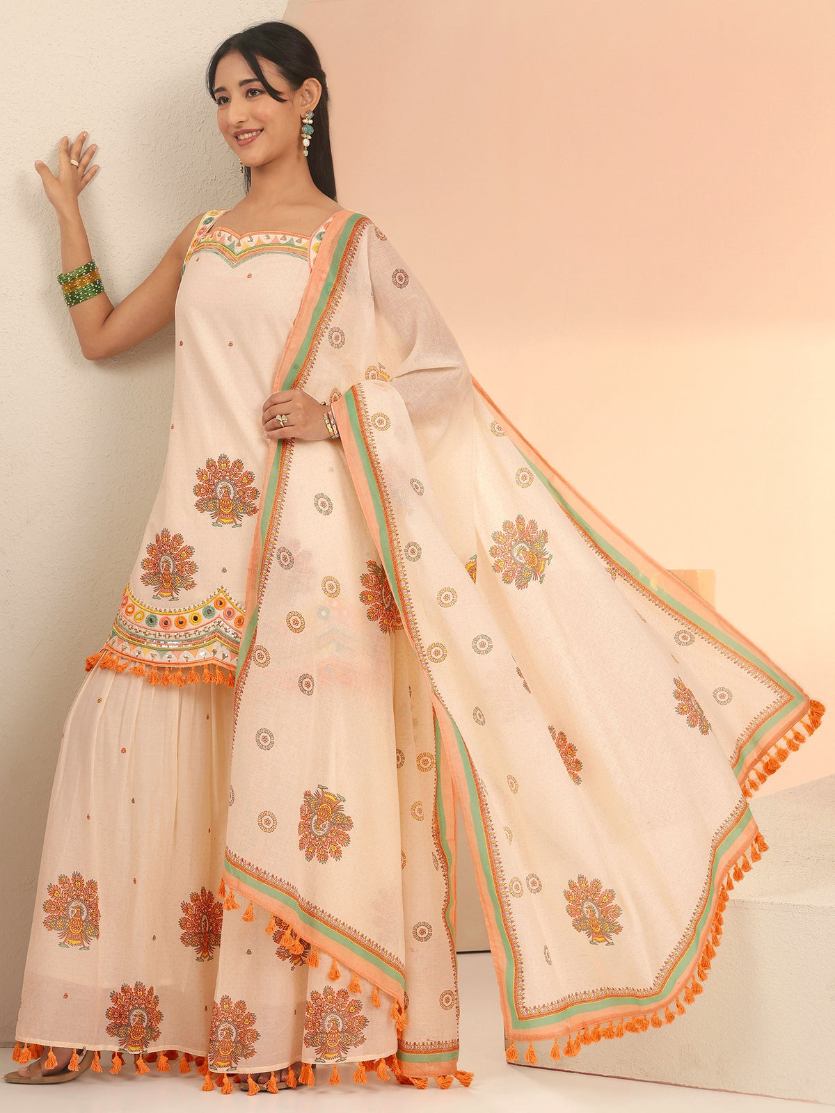 Anouk Off White Printed Cotton Sharara Suit Set with Tassel Details