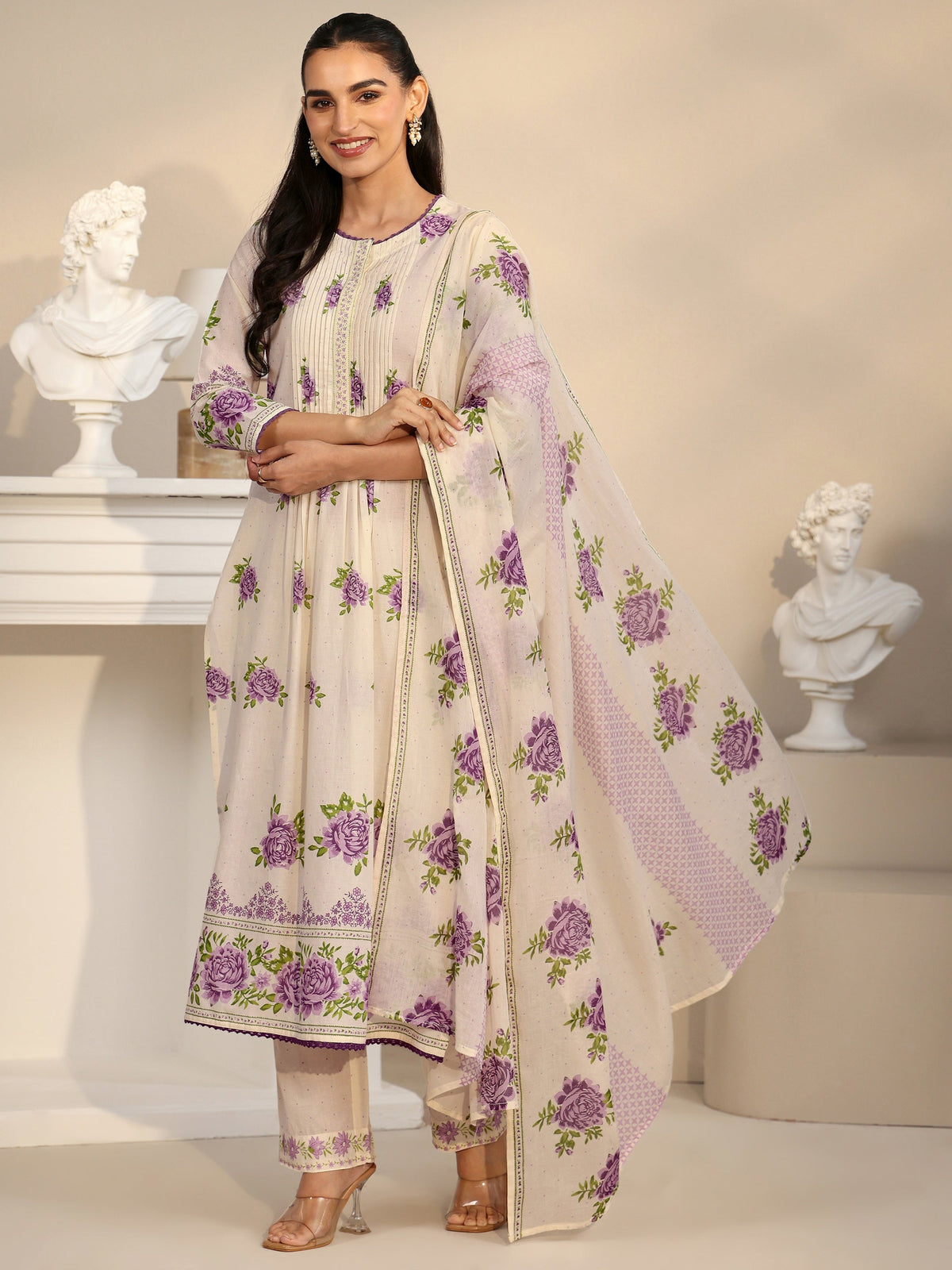 Anouk Off White Rose Print Cotton Straight Suit Set