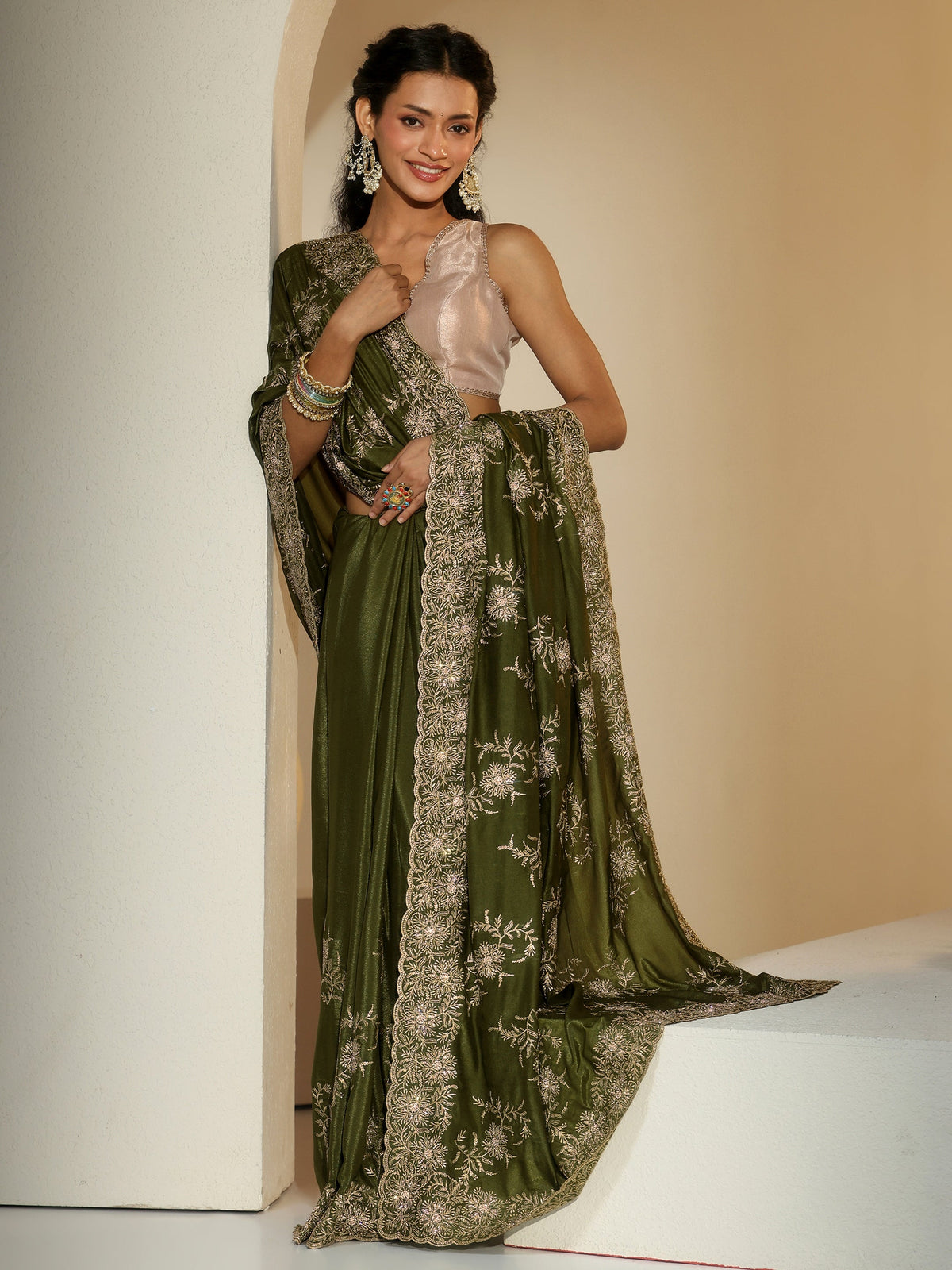 Anouk Olive Geen Floral Embroidered Satin Saree