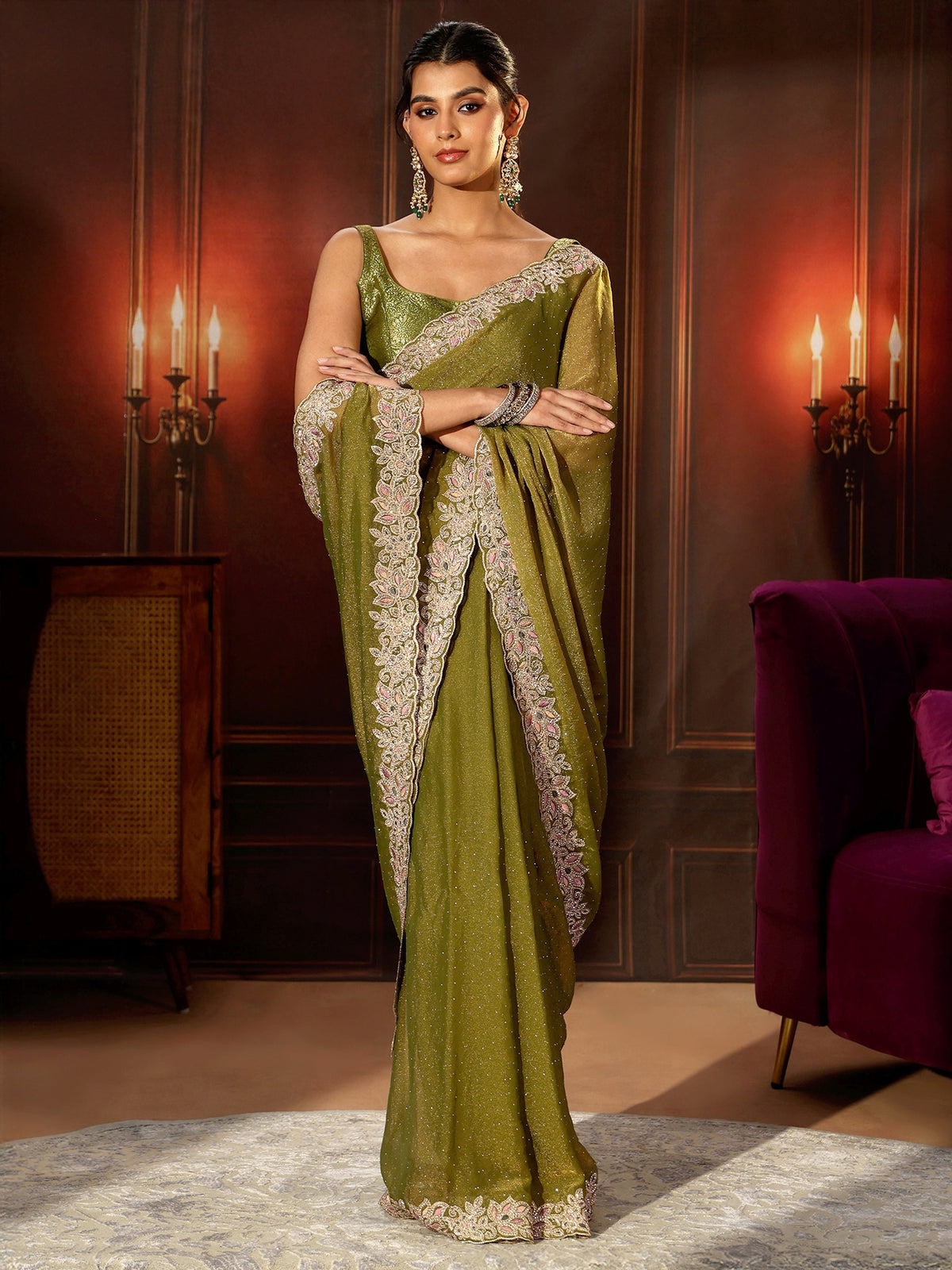 Anouk Olive Green Embellished Tissue Saree with Floral Border
