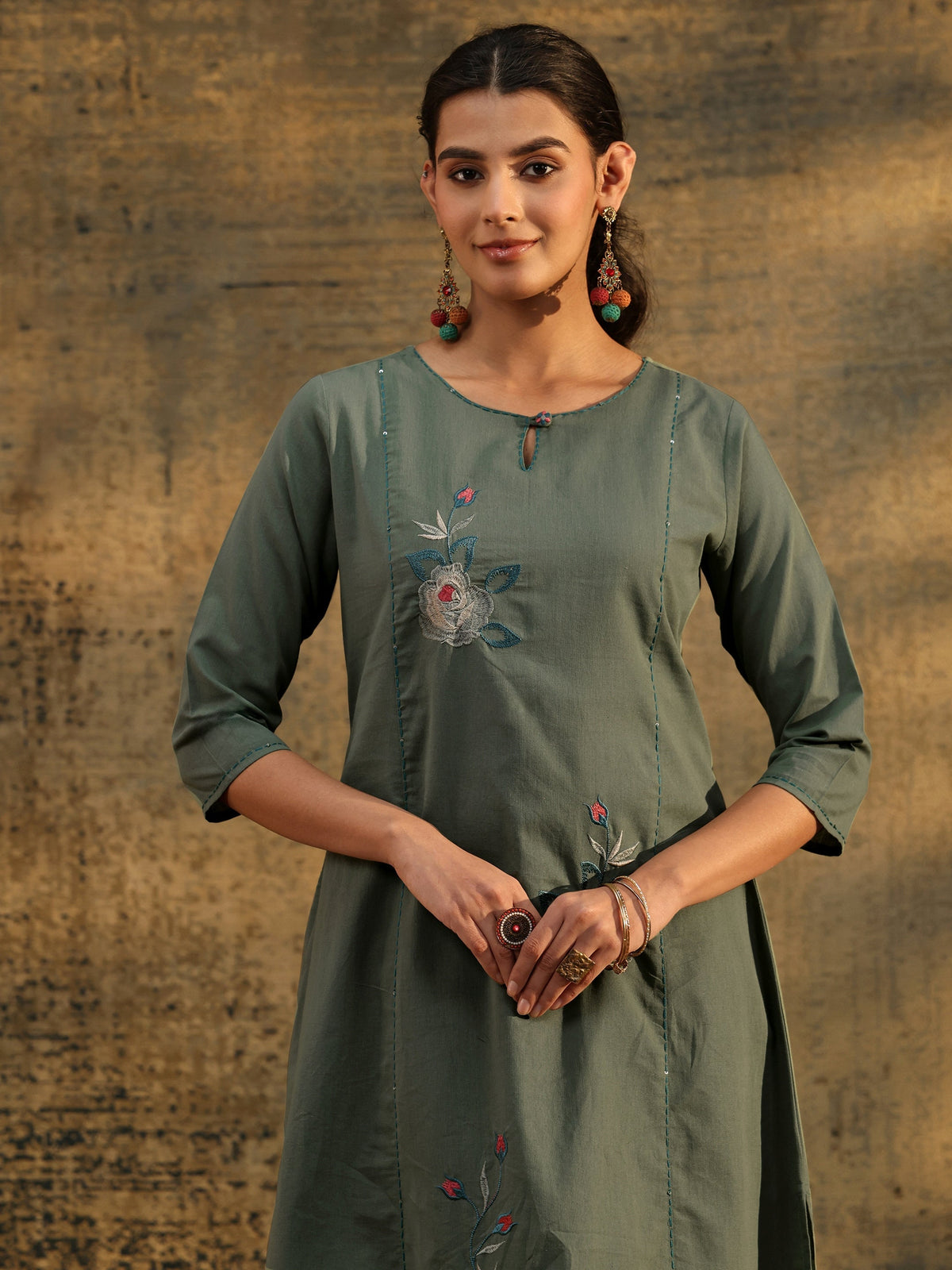 Anouk Olive Green Floral Embroidered Cotton Co-Ord Set