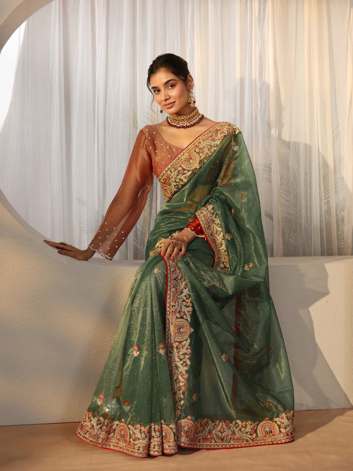 Anouk Olive Green Floral Embroidered Net Saree