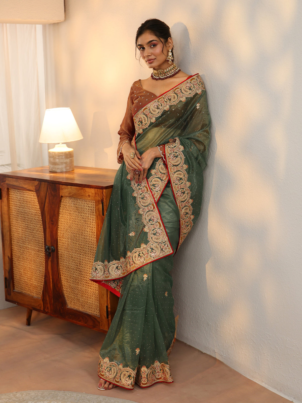 Anouk Olive Green Net Saree with Embellished Paisley Border