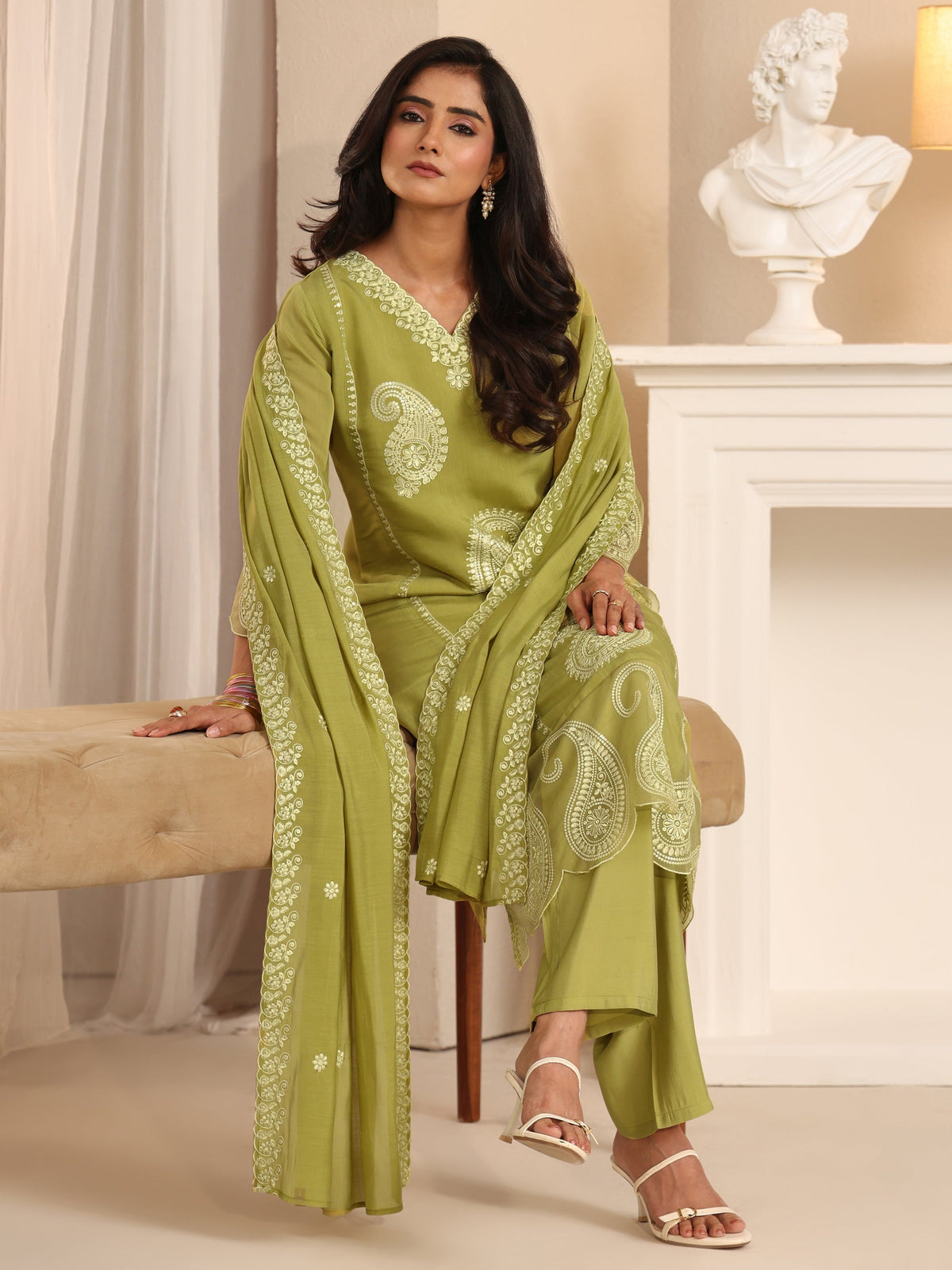 Anouk Olive Green Paisley Embroidered Chanderi Cotton Straight Suit Set