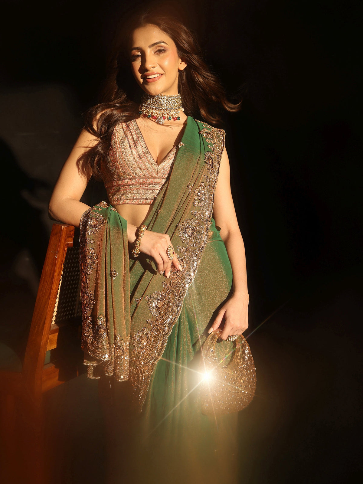 Anouk Olive Green Sequined Tissue Saree