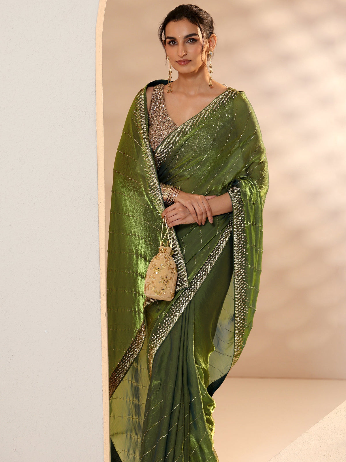 Anouk Olive Green Stone Work Striped Embellished Tissue Saree