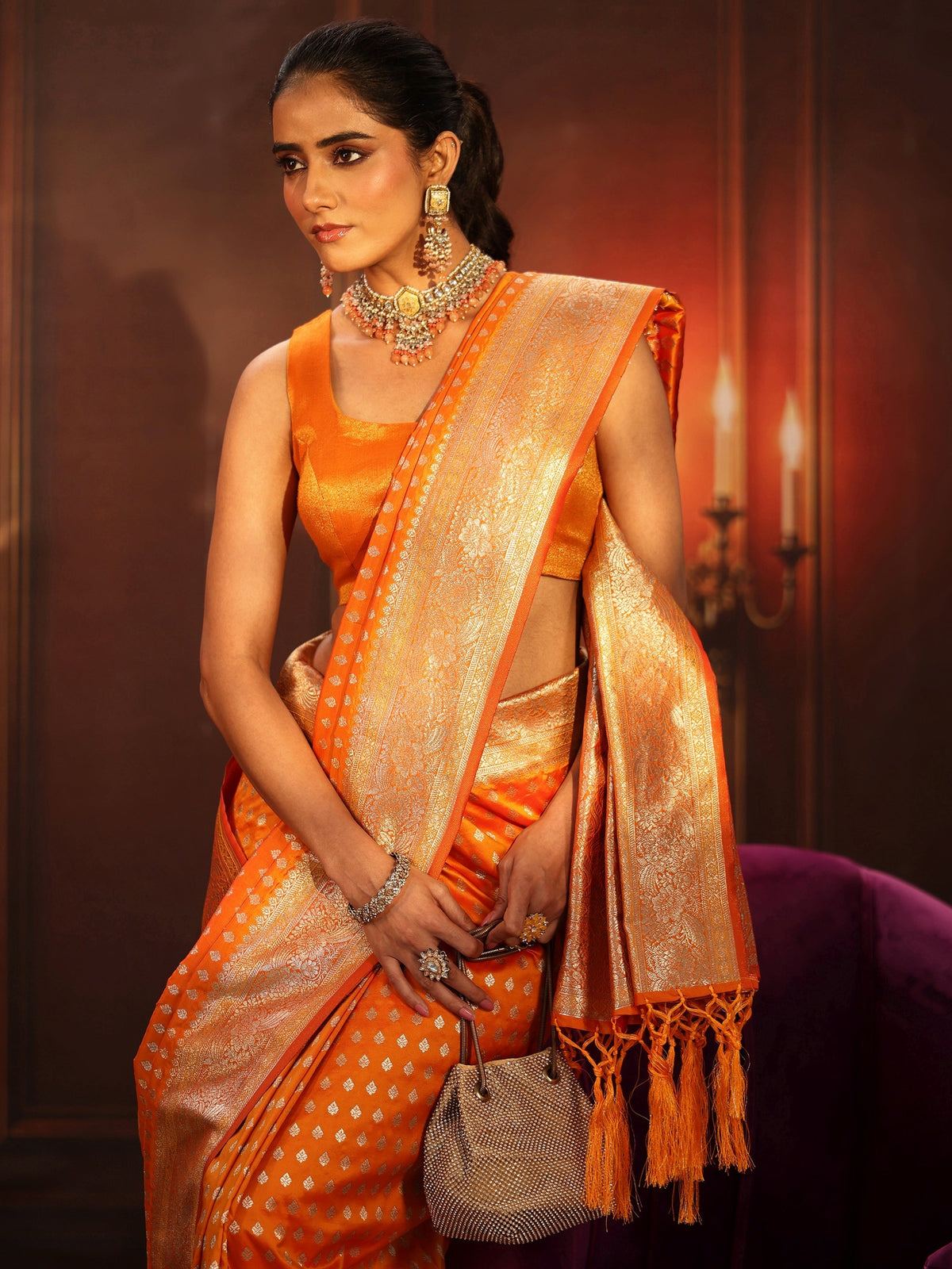 Anouk Orange Banarasi Silk Blend Saree