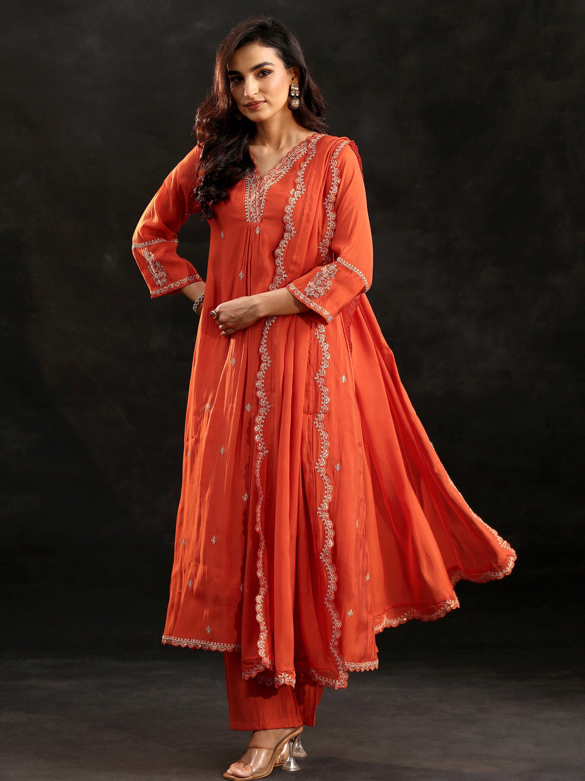 Anouk Orange Embroidered Chanderi Cotton A-Line Suit Set