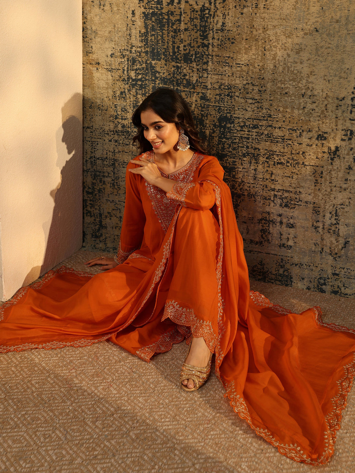 Anouk Orange Embroidered Chanderi Cotton Anarkali Palazzo Suit Set
