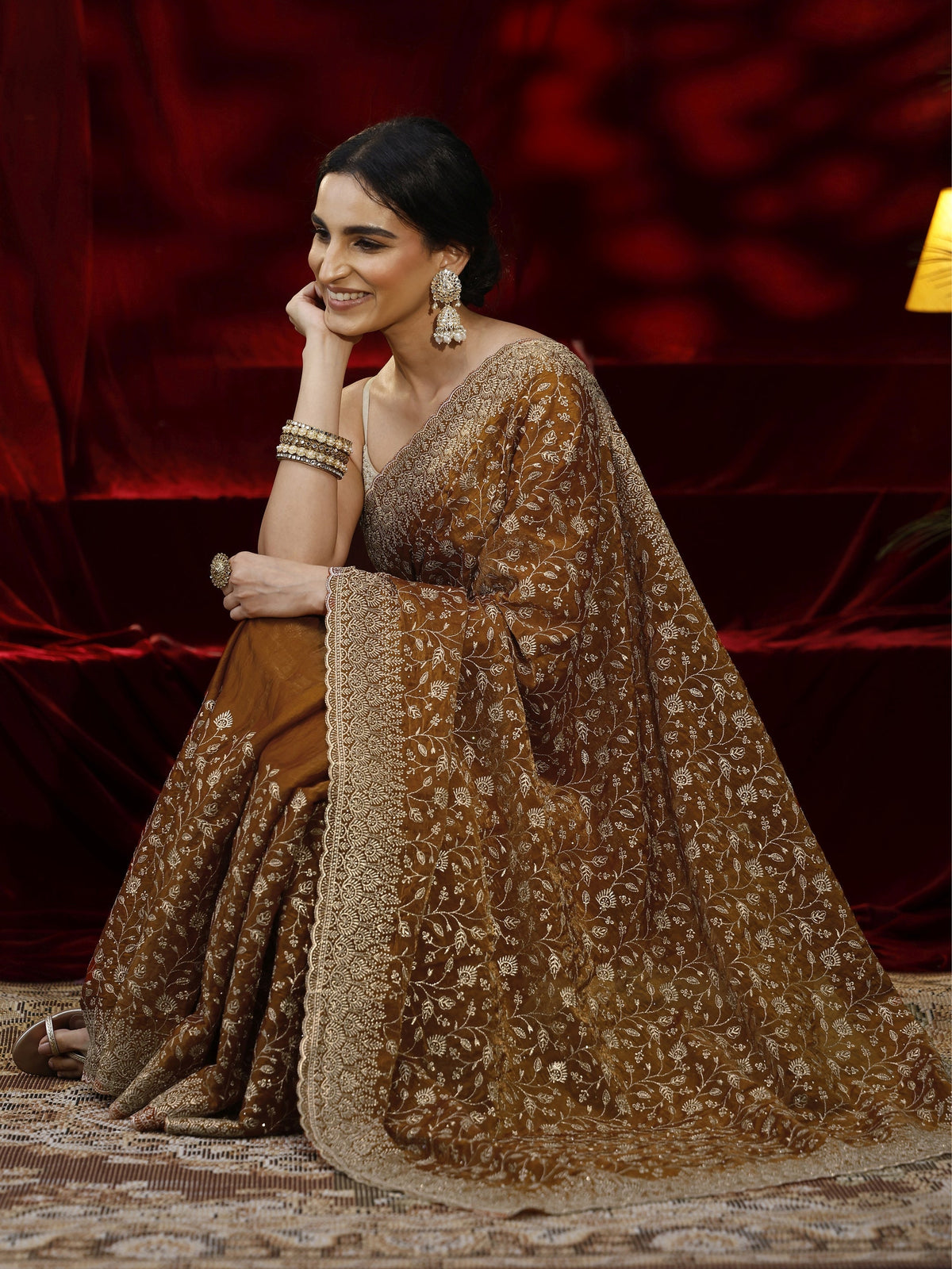 Anouk Orange Floral Embroidered Georgette Saree