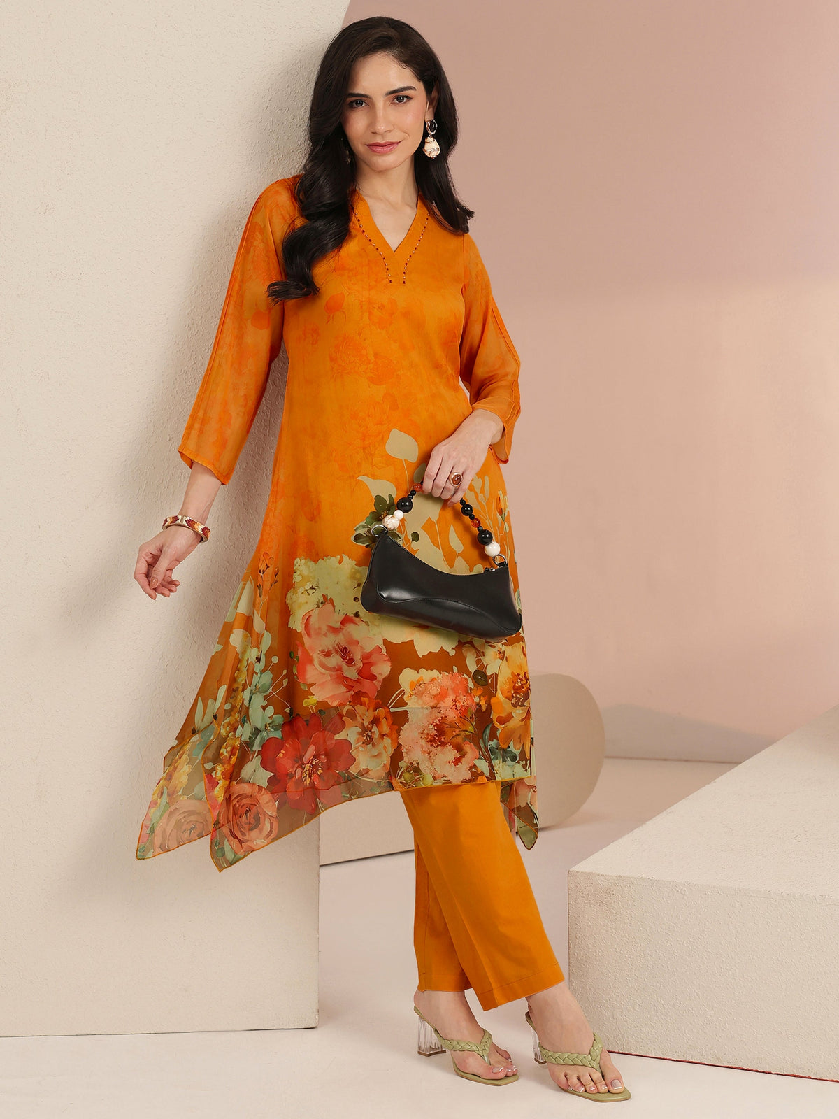 Anouk Orange Floral Printed Chiffon High Low Kurta Set