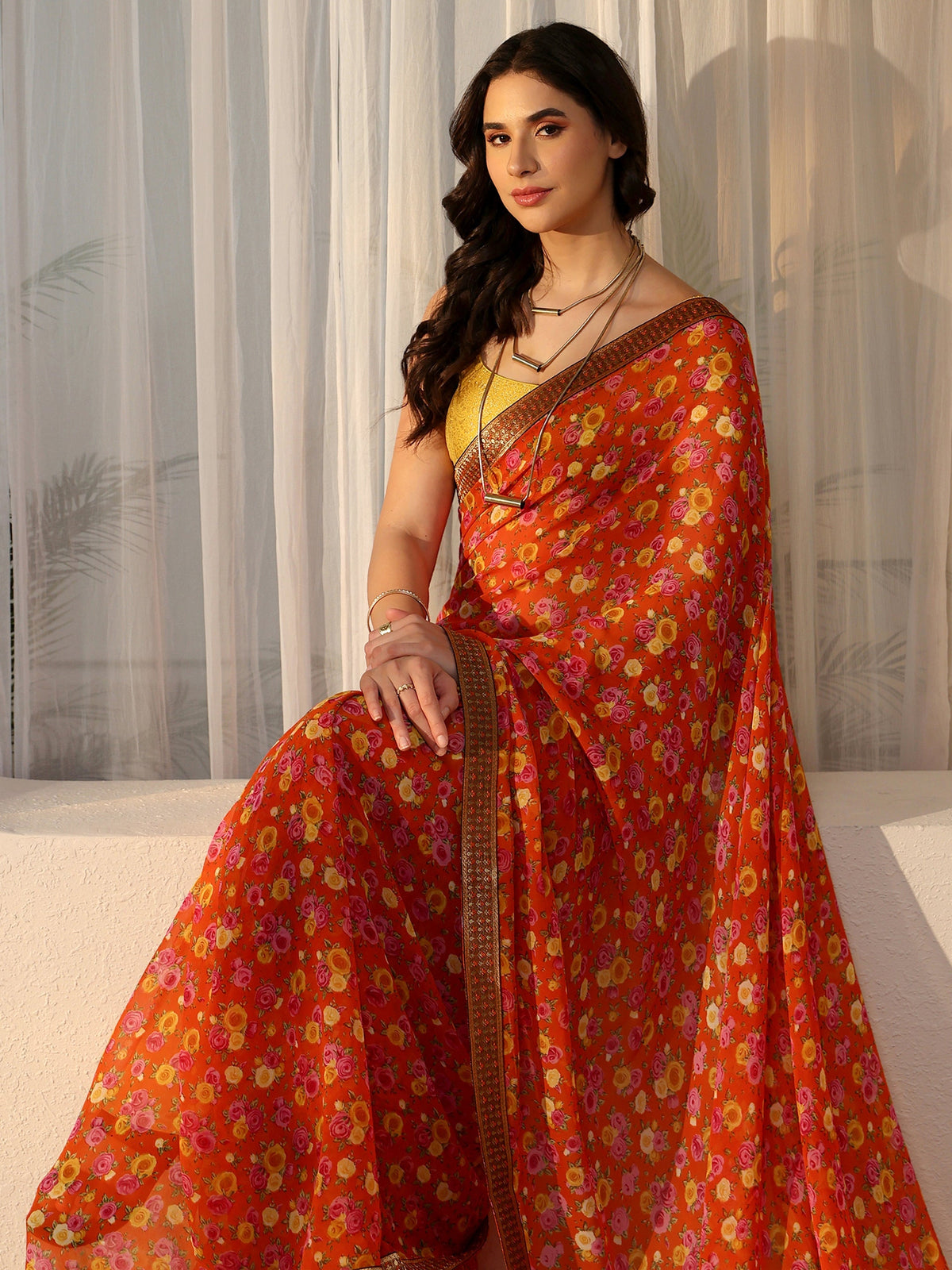 Anouk Orange Floral Printed Georgette Saree