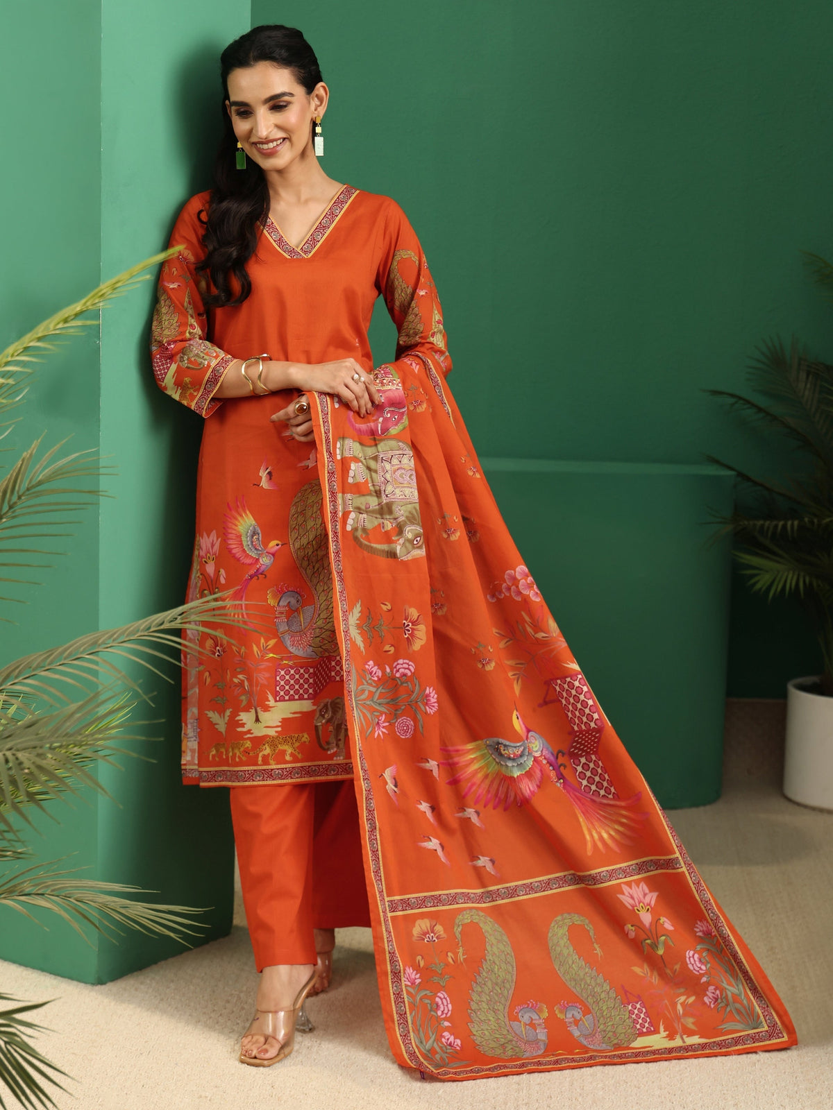 Anouk Orange Heritage Print Cotton Straight Suit Set