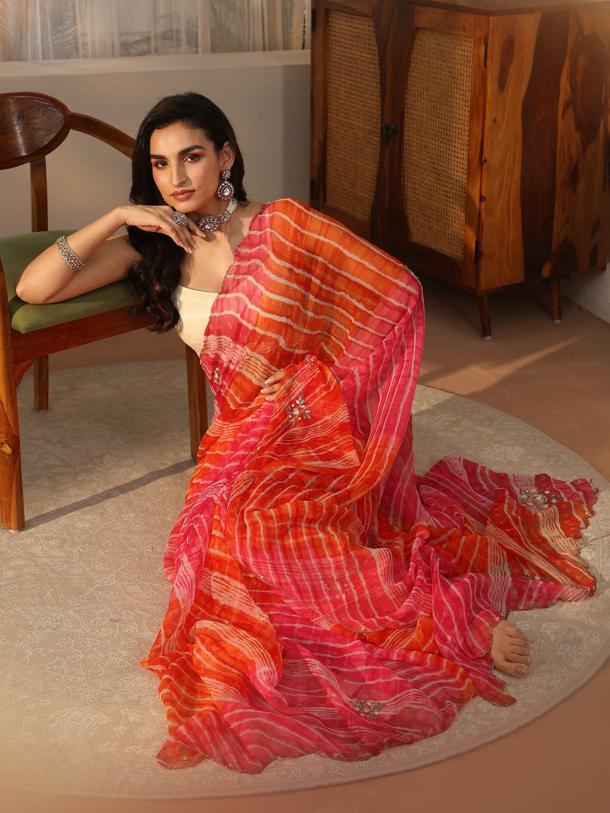 Anouk Orange Leheriya Printed Chiffon Saree