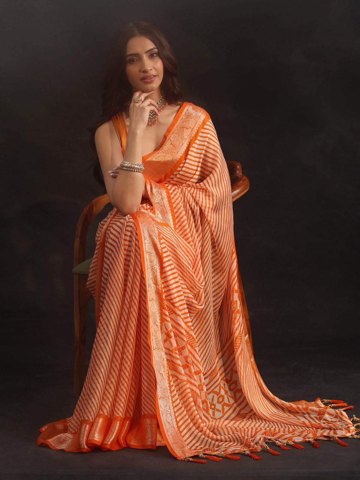 Anouk Orange Striped Chiffon Saree with Paisley Border