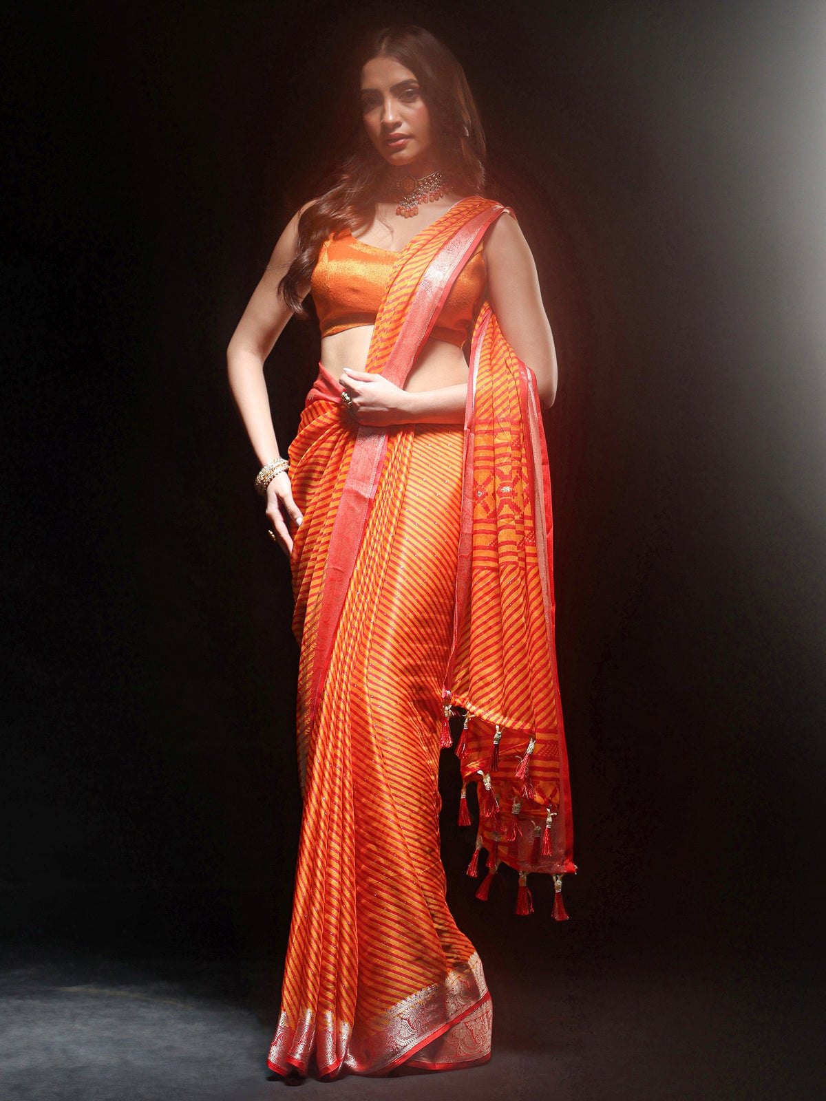 Anouk Orange Striped Chiffon Saree with Paisley Border