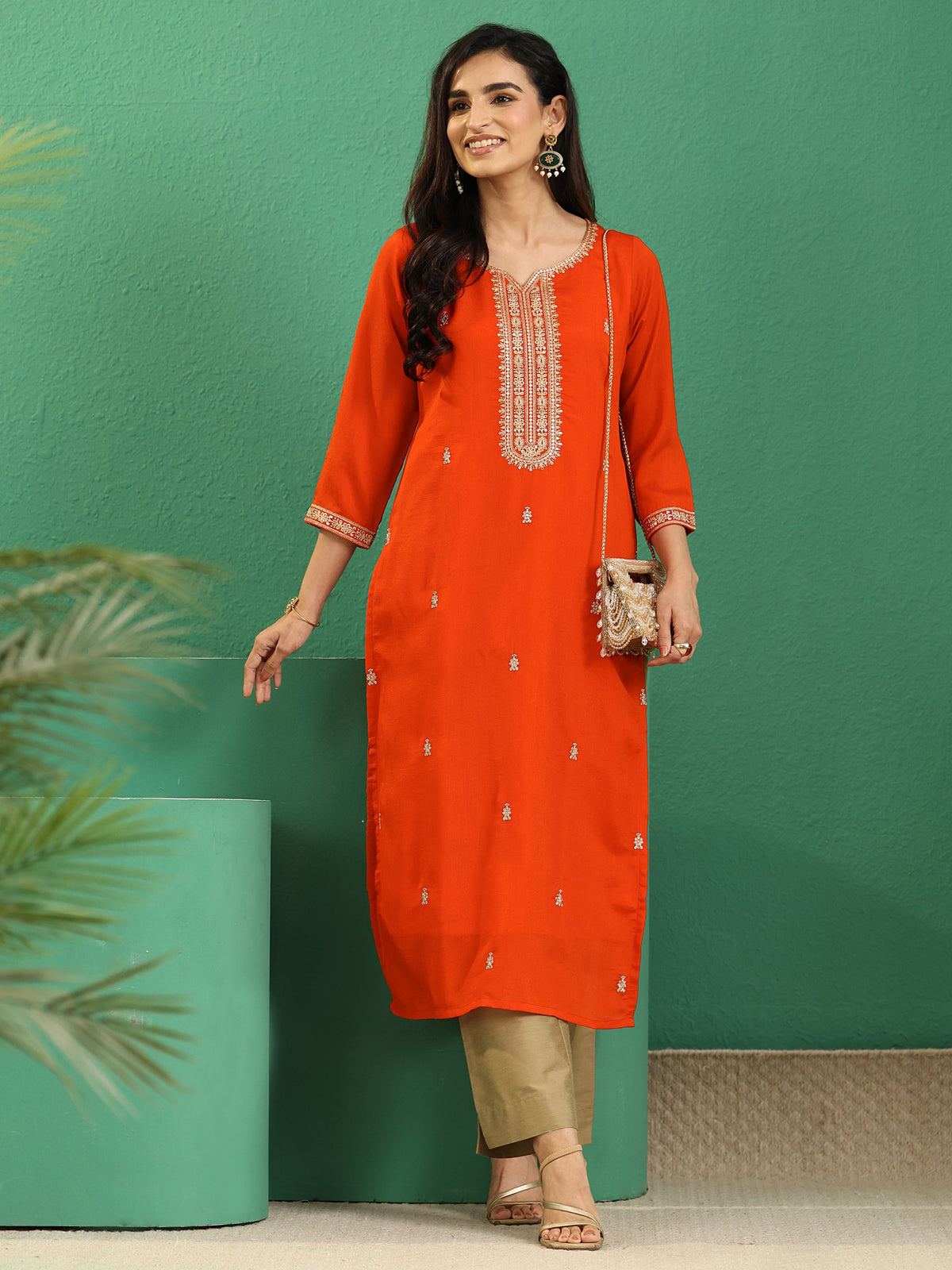 Anouk Orange Yoke Embroidered Silk Blend Straight Kurta