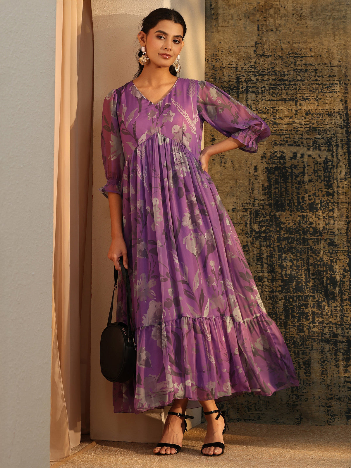 Anouk Orchid Purple Floral Printed Empire Chiffon Dress
