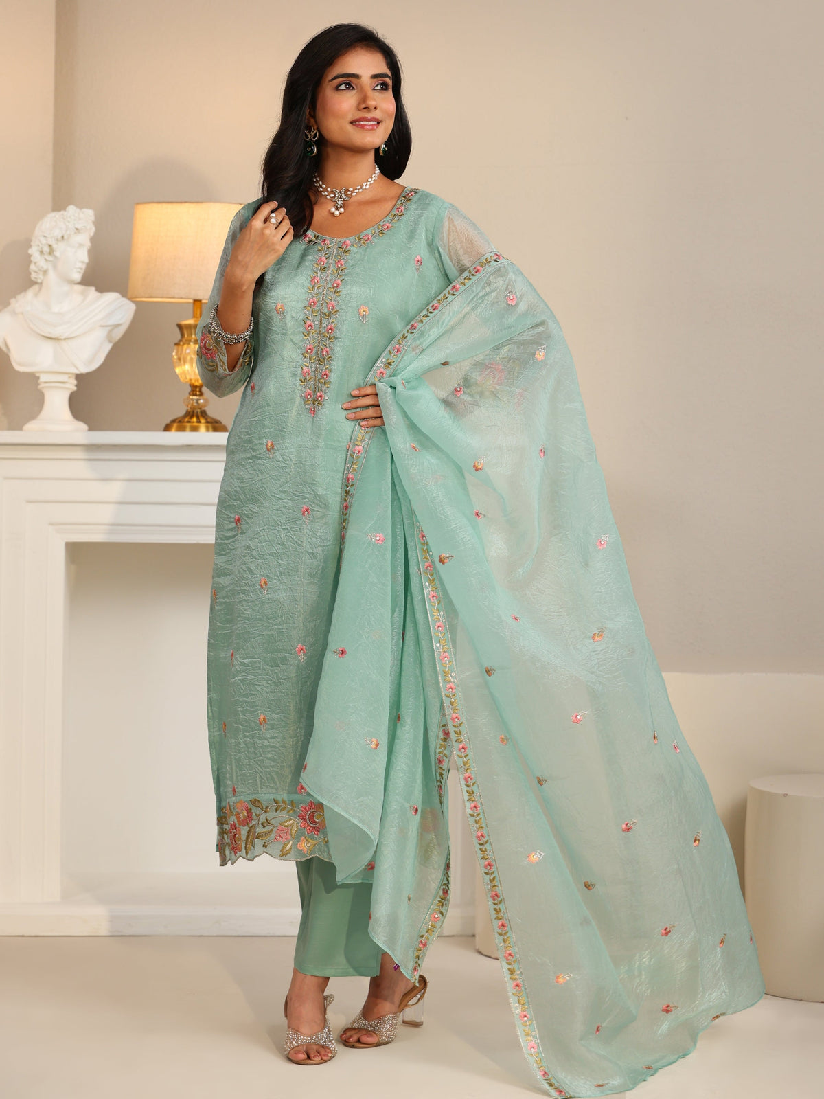 Anouk Pale Turquoise Blue Floral Embroidered Tissue Straight Suit Set