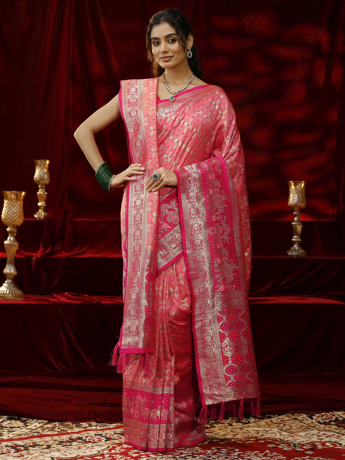Anouk Peach Badhani Woven Design Silk blend Saree with dupatta