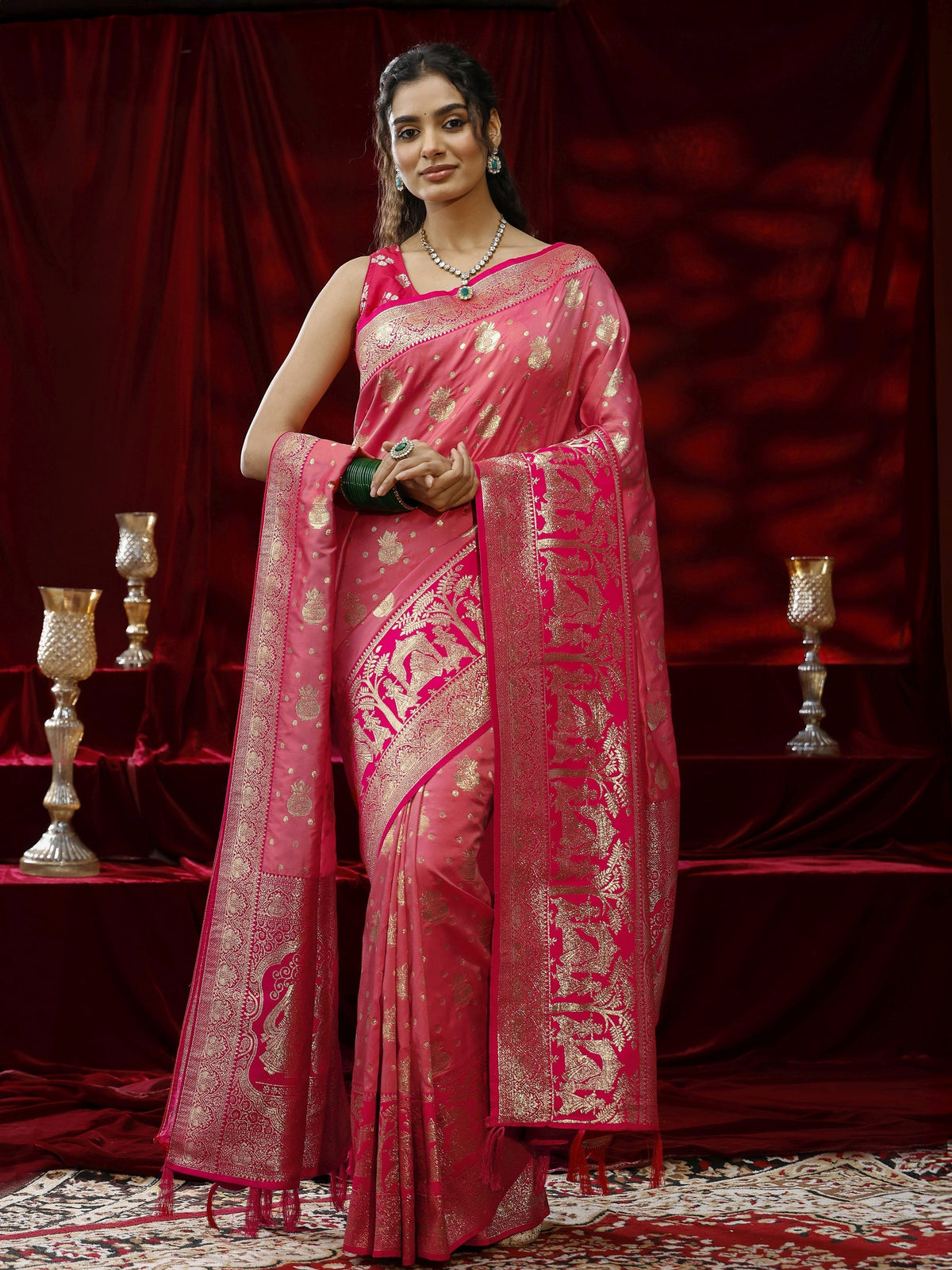 Anouk Peach Ethnic Motif Woven Design Silk blend Saree with dupatta