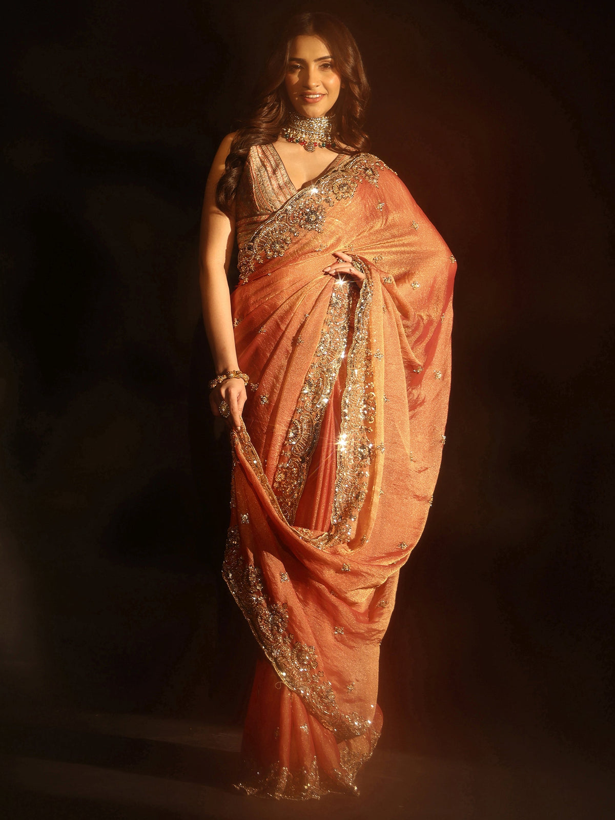 Anouk Peach Floral Embellished Tissue Saree