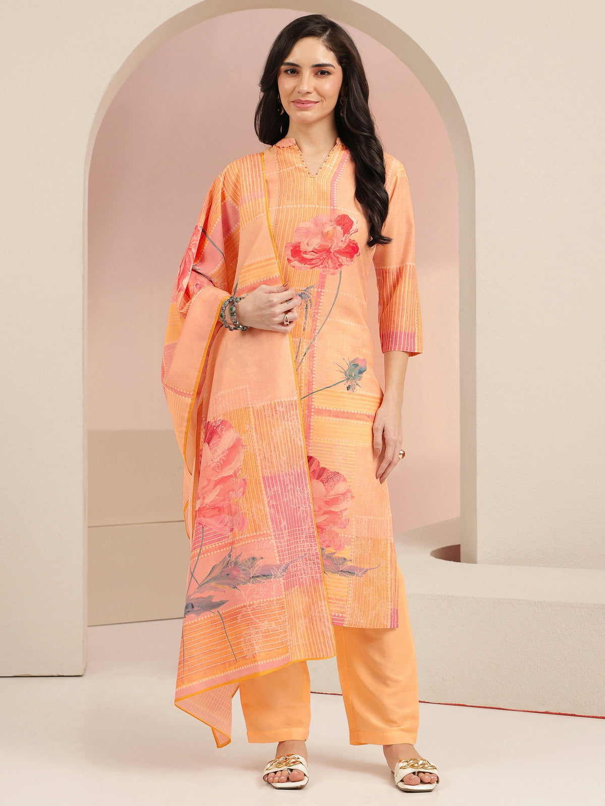 Anouk Peach Floral Printed Muslin Straight Suit Set