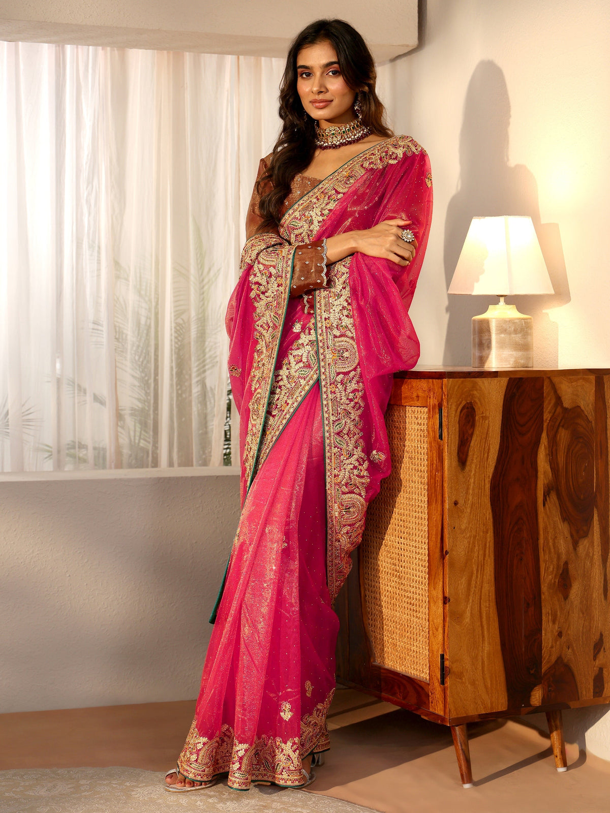 Anouk Peach Net Saree with Embroidered Border