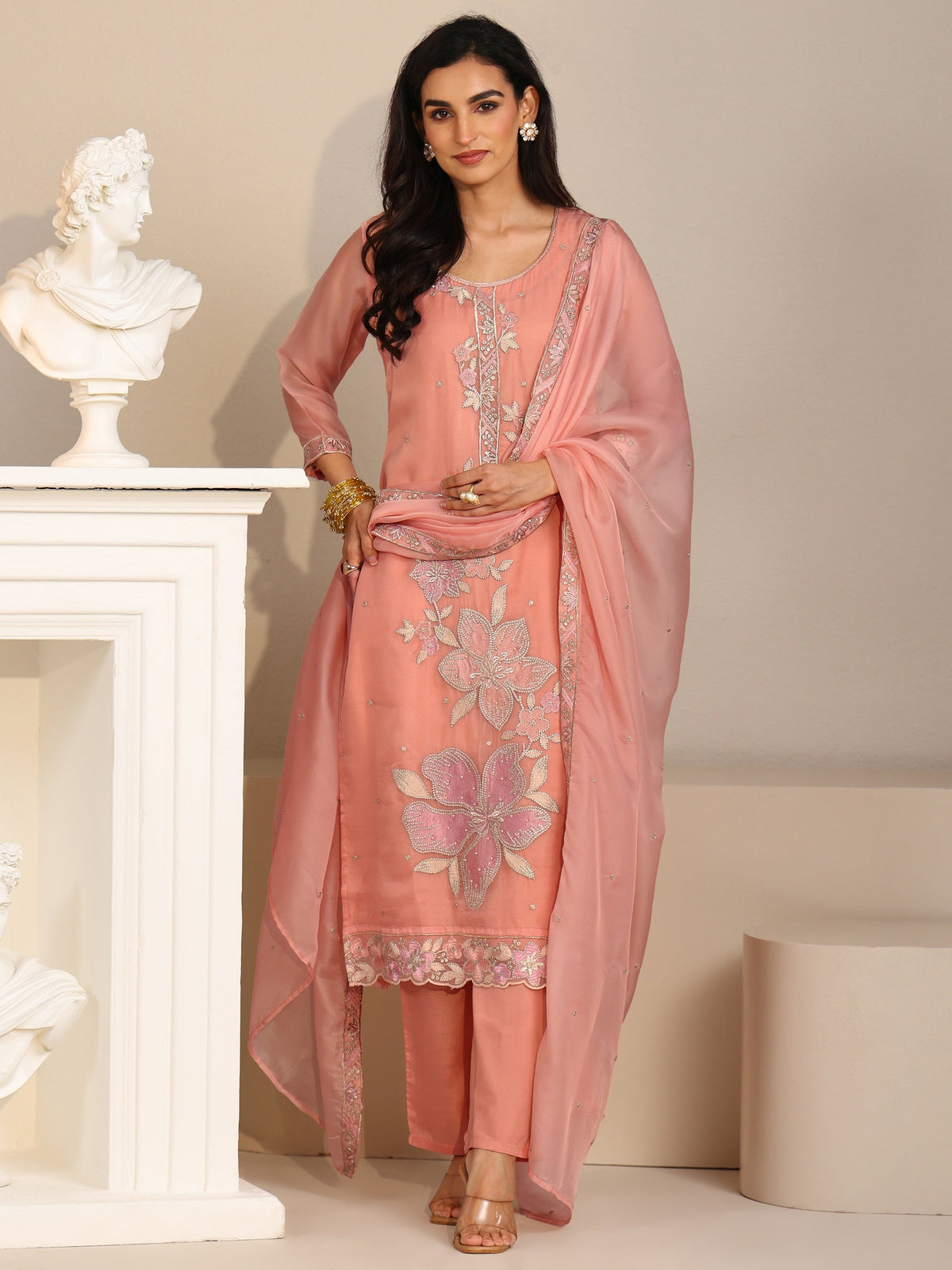 Anouk Peach Orange Floral Embellished Tissue Straight Suit Set