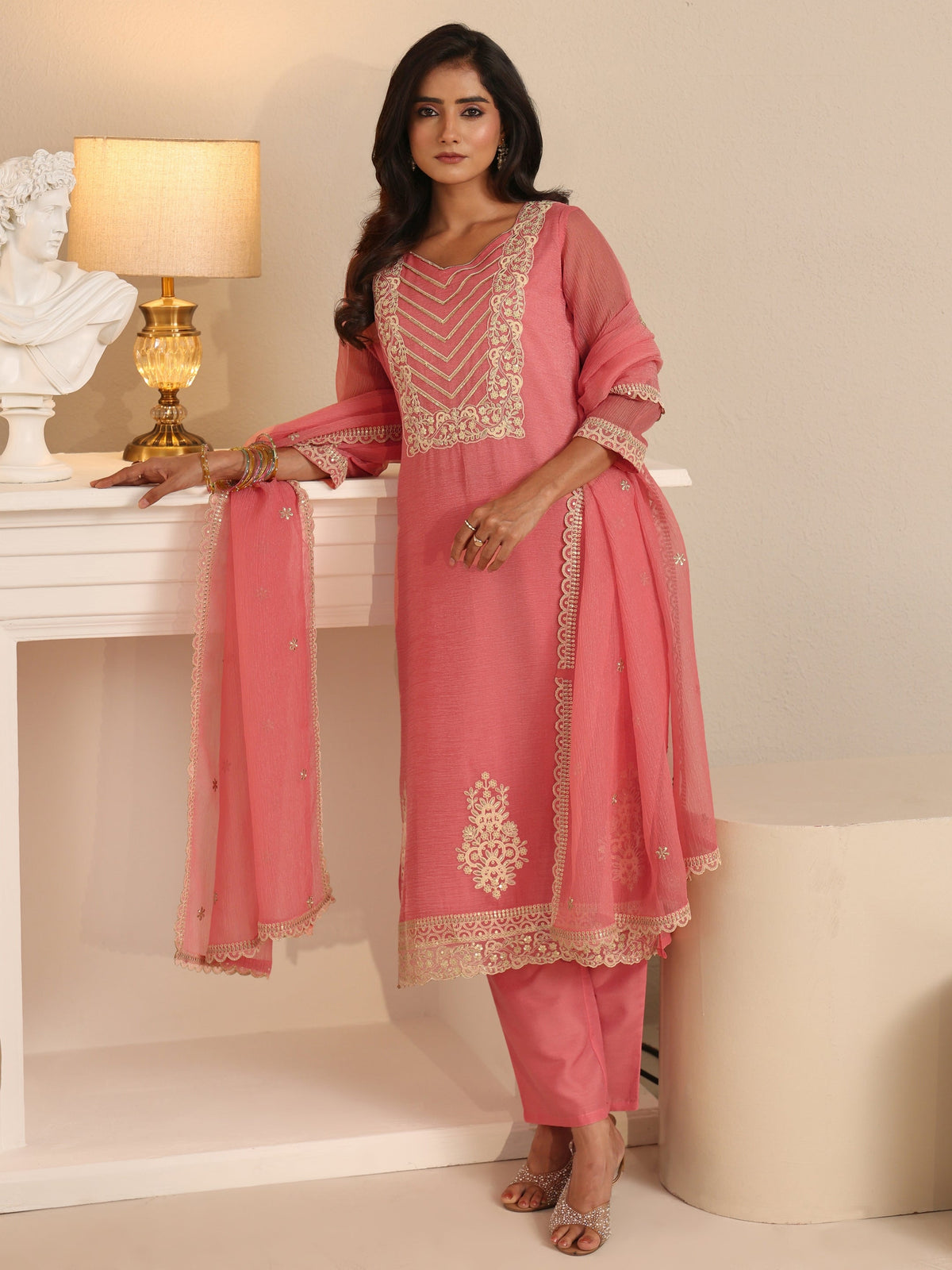 Anouk Peach Orange Floral Embroidered Chiffon Straight Suit Set