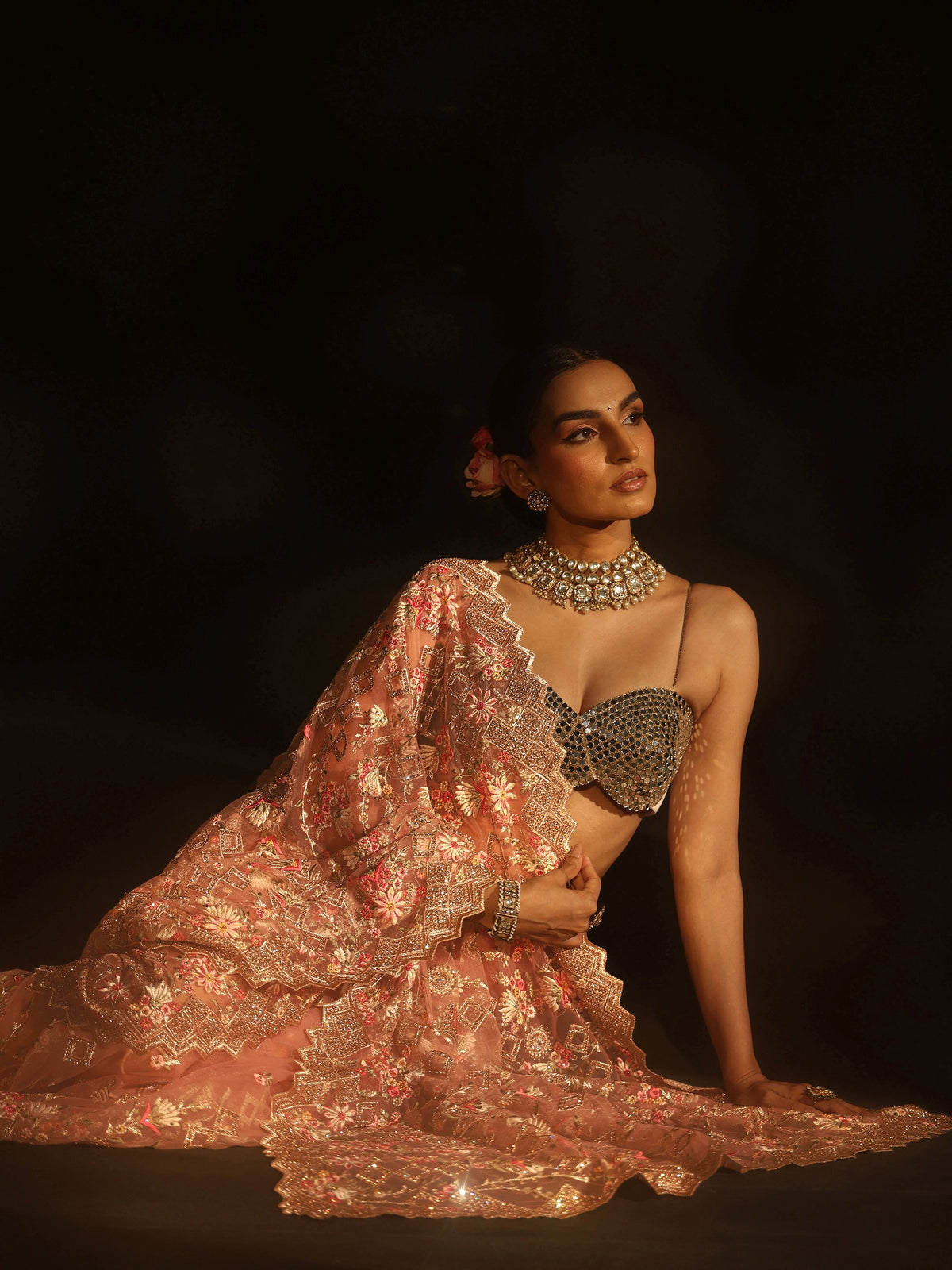 Anouk Peach Pink Floral Embellished Net Saree
