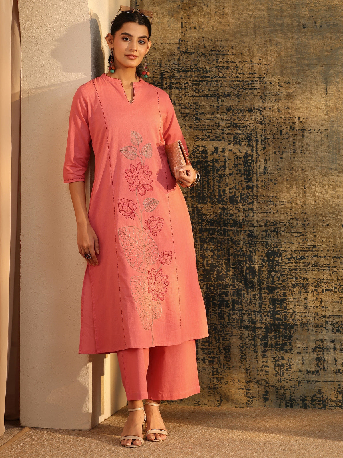 Anouk Peach Pink Floral Embroidered Cotton Co-Ord Set