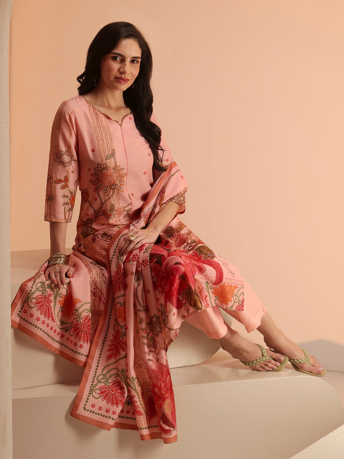 Anouk Peach Pink Floral Printed Muslin Straight Suit Set