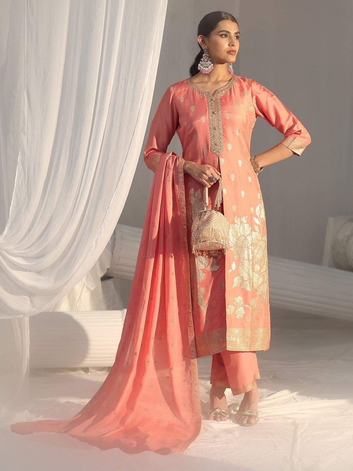 Anouk Peach Pink Woven Design Front Slit Silk Blend Straight Suit Set