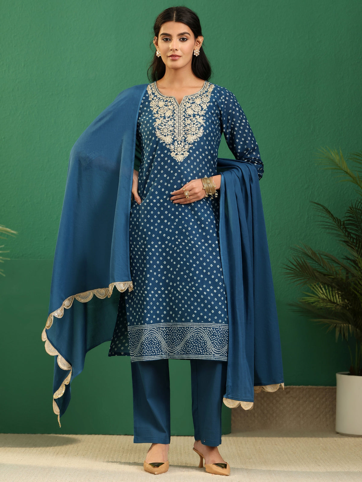 Anouk Peacock Blue Bandhani Cotton Straight Suit Set