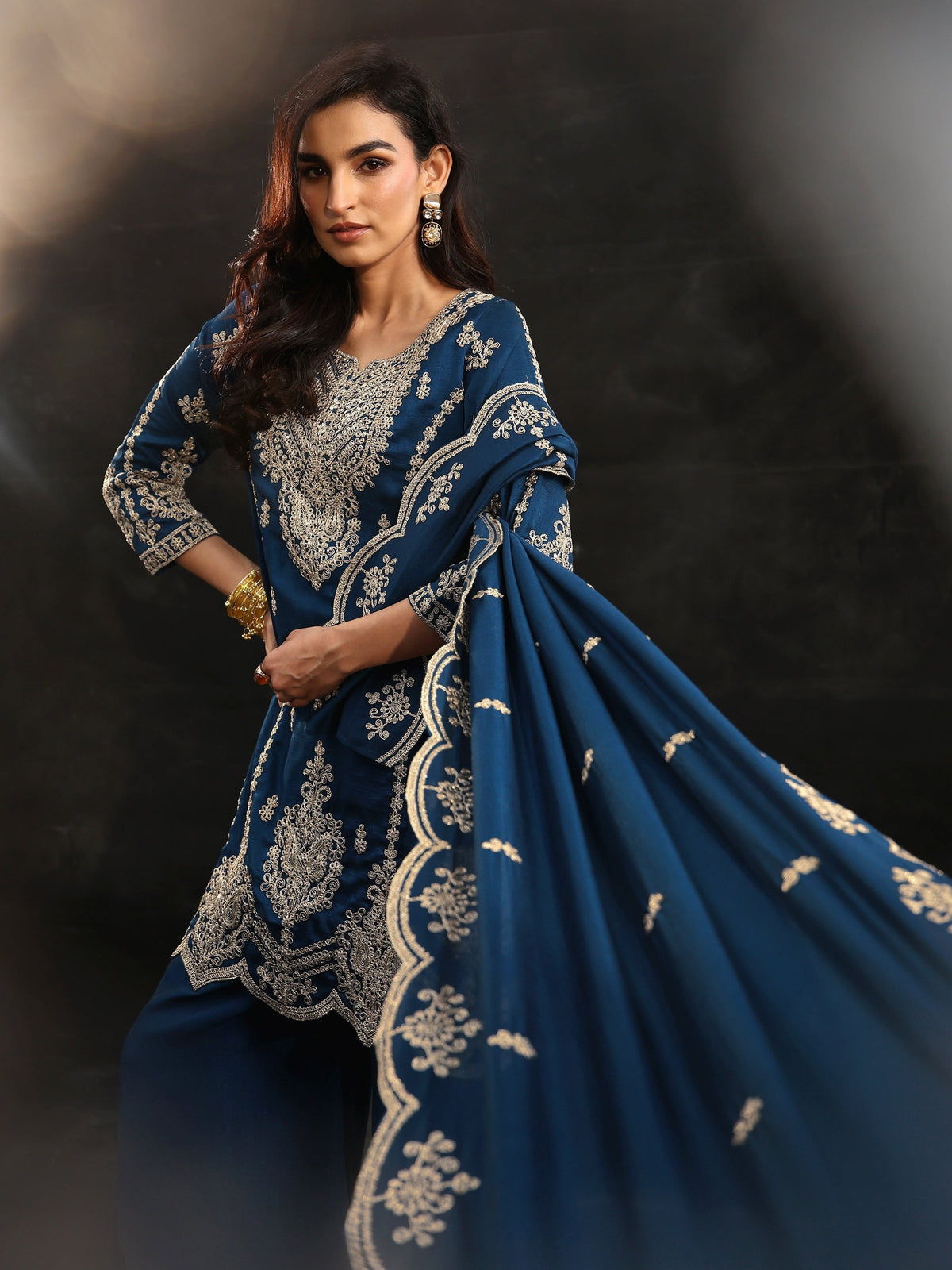 Anouk Peacock Blue Embellished Chinon Short Kurta Palazzo Suit Set