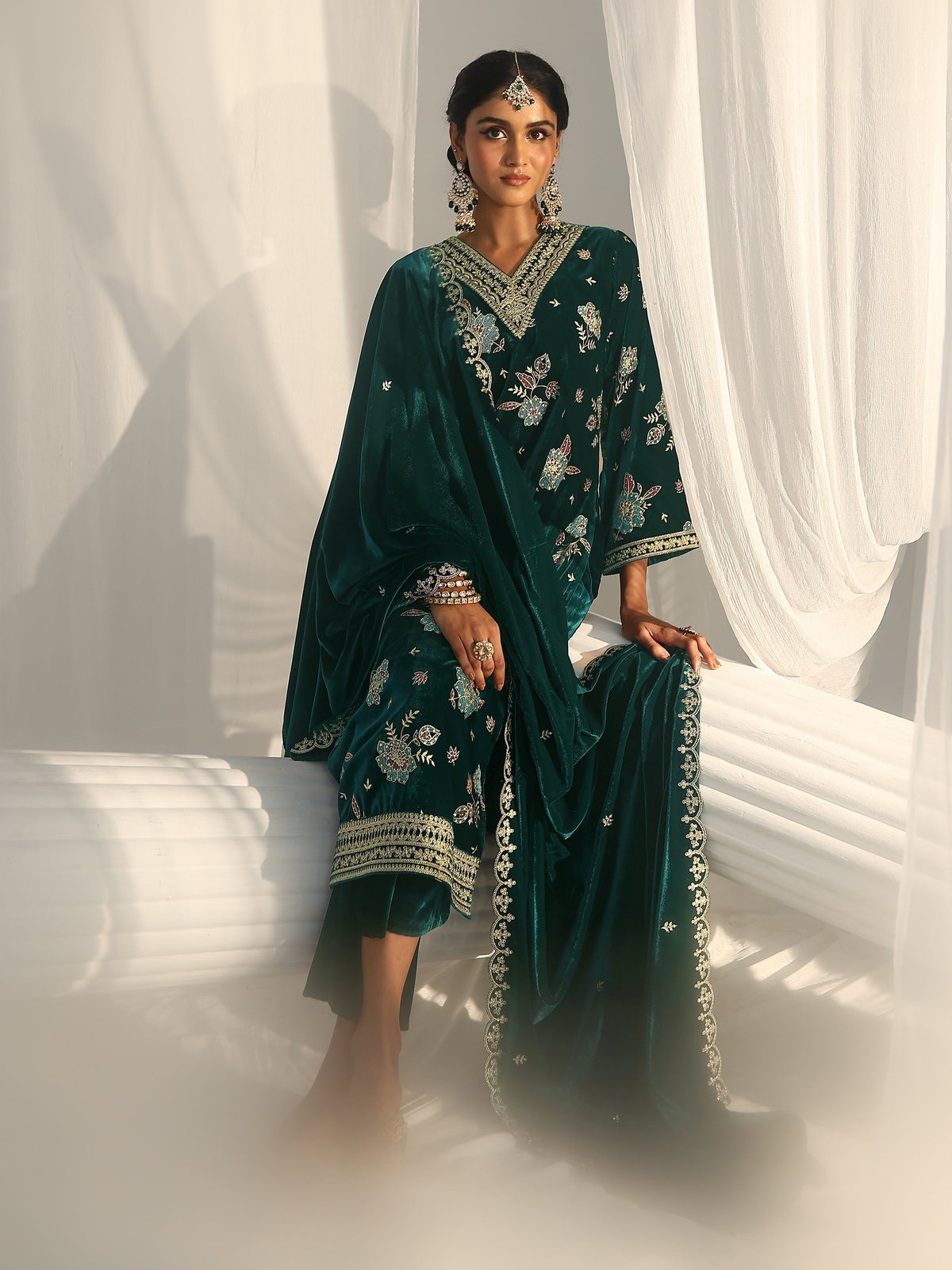 Anouk Peacock Green Floral Embroidered Velvet Straight Suit Set