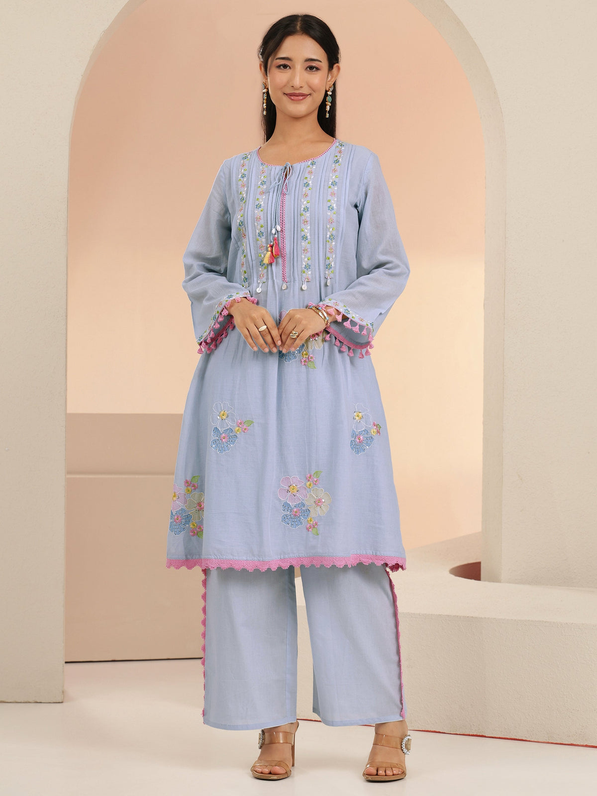 Anouk Periwinkle Blue Floral Embroidered Cotton A-Line Kurta Set