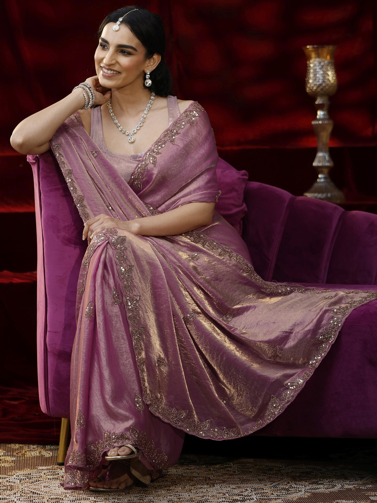 Anouk Pink Embellished Tissue Saree