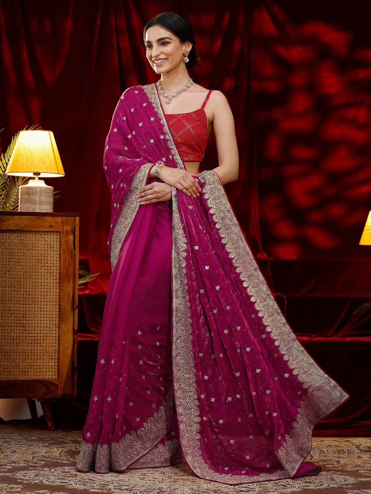 Anouk Pink Embroidered Tissue Saree