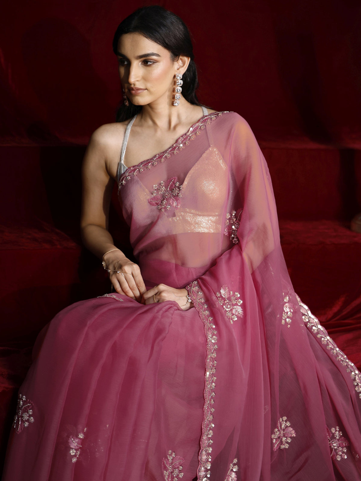 Anouk Pink Floral Embellished Chiffon Saree