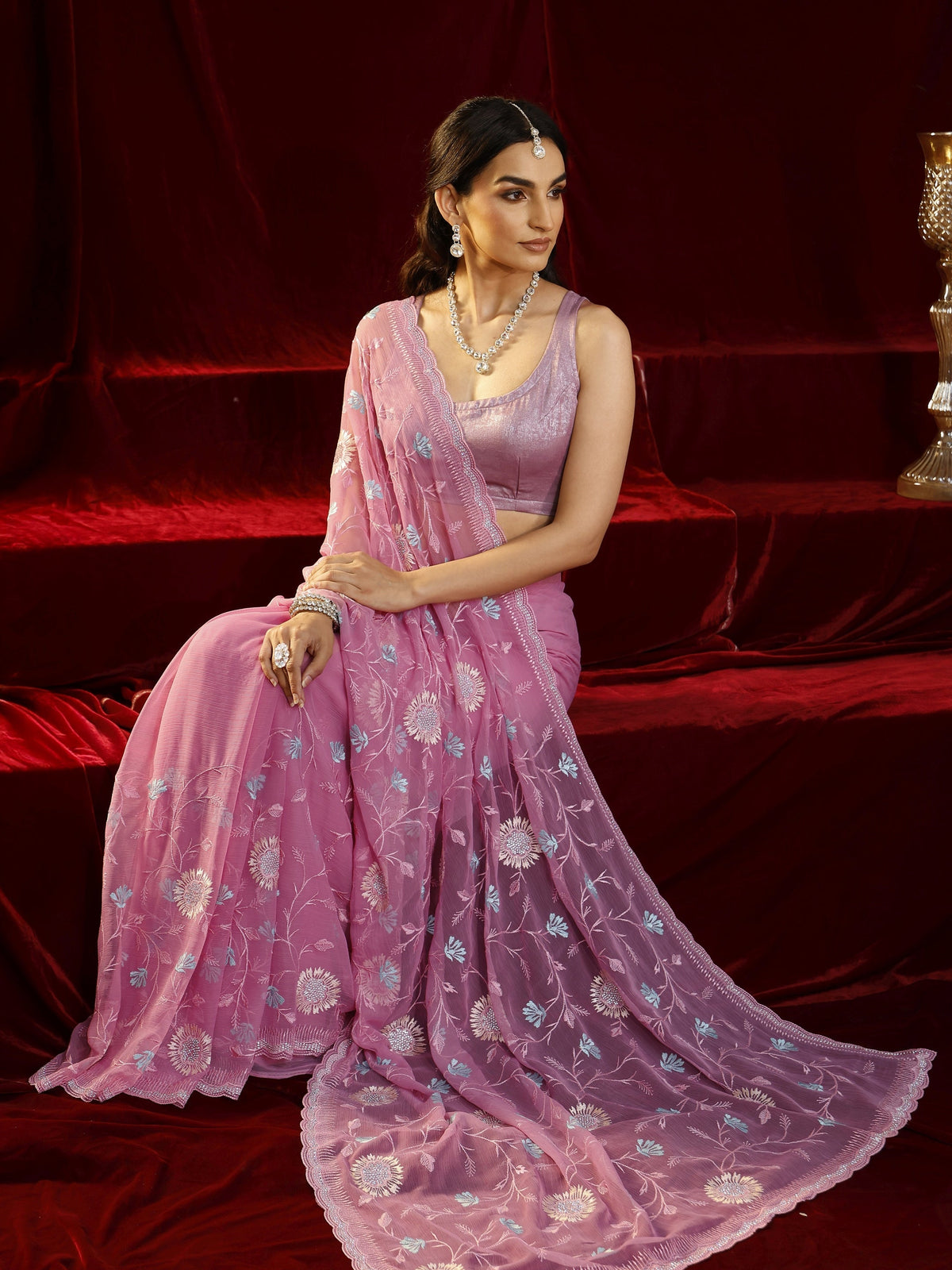 Anouk Pink Floral Embroidered Chiffon Saree