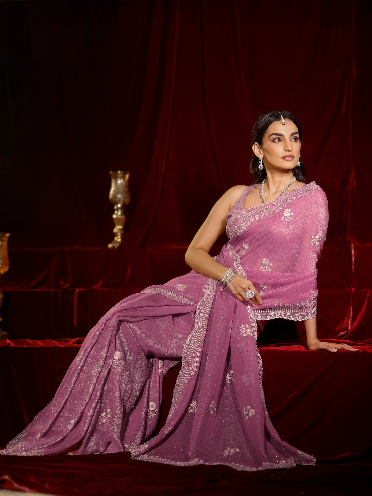 Anouk Pink Floral Embroidered Chiffon Saree