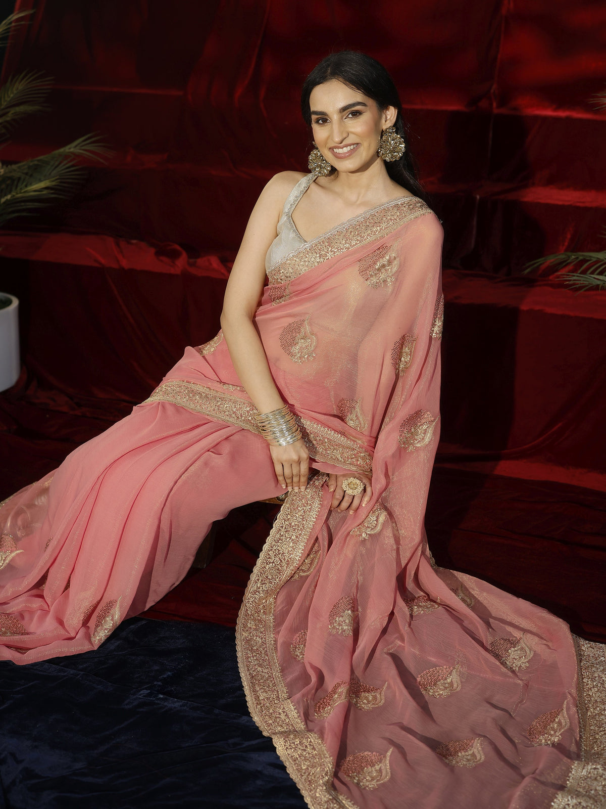 Anouk Pink Floral Embroidered Chiffon Saree