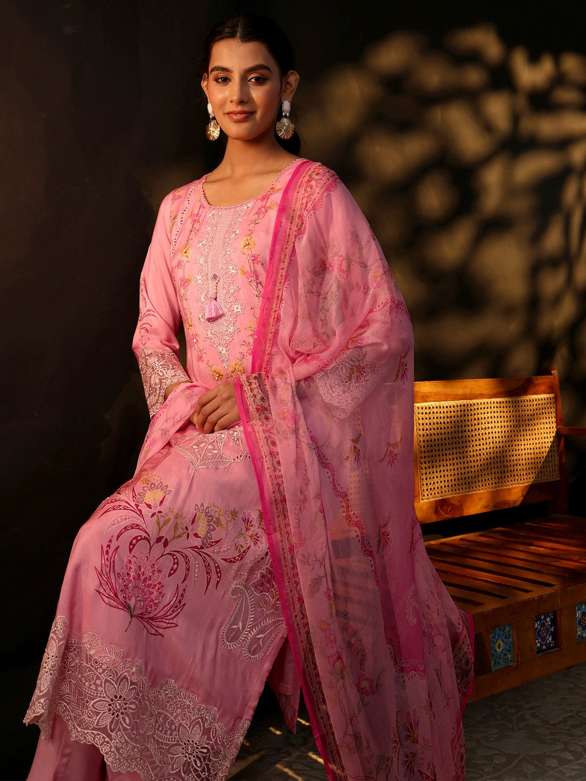Anouk Pink Floral Embroidered Crepe Straight Suit Set