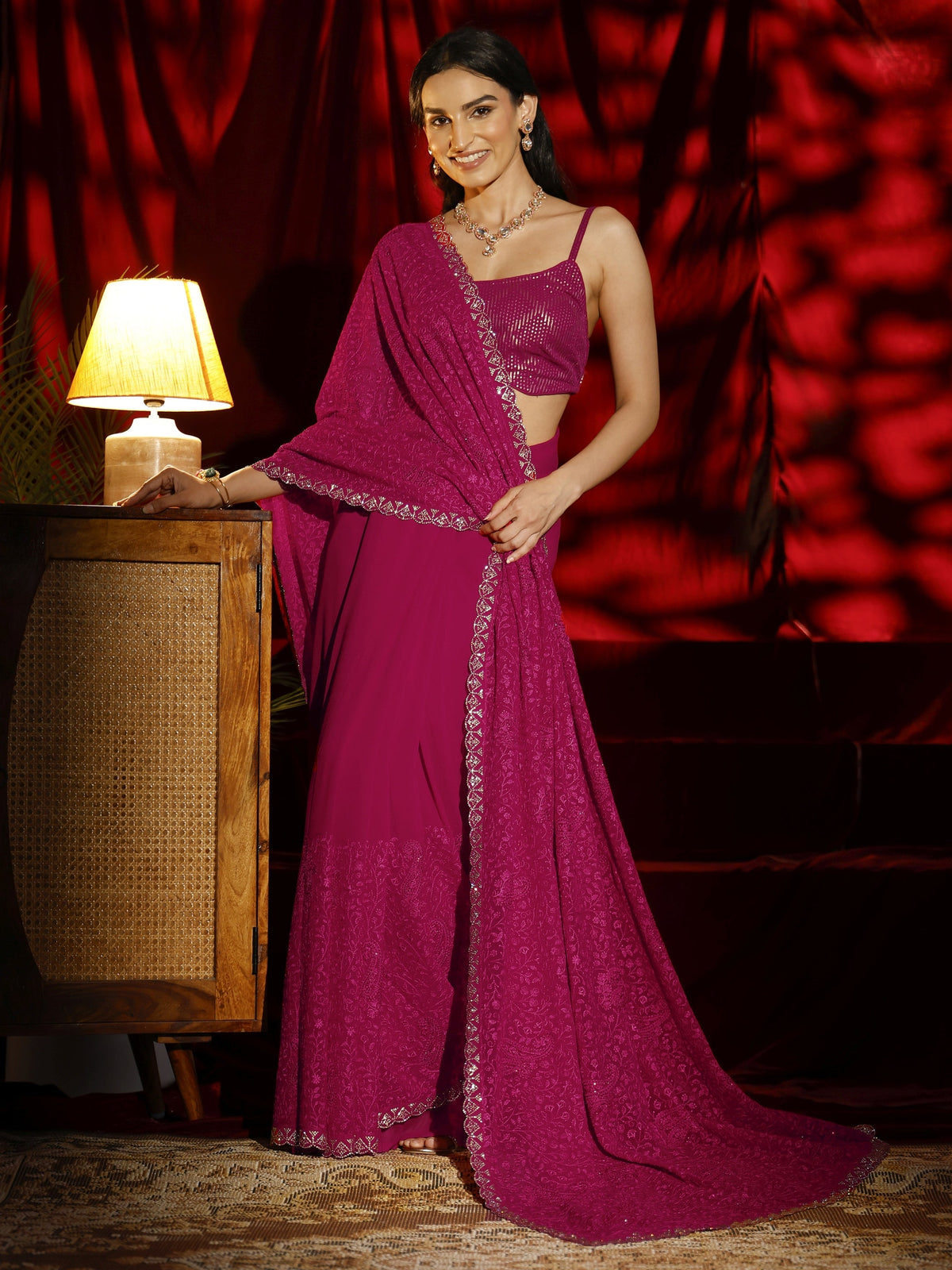 Anouk Pink Floral Embroidered Georgette Saree