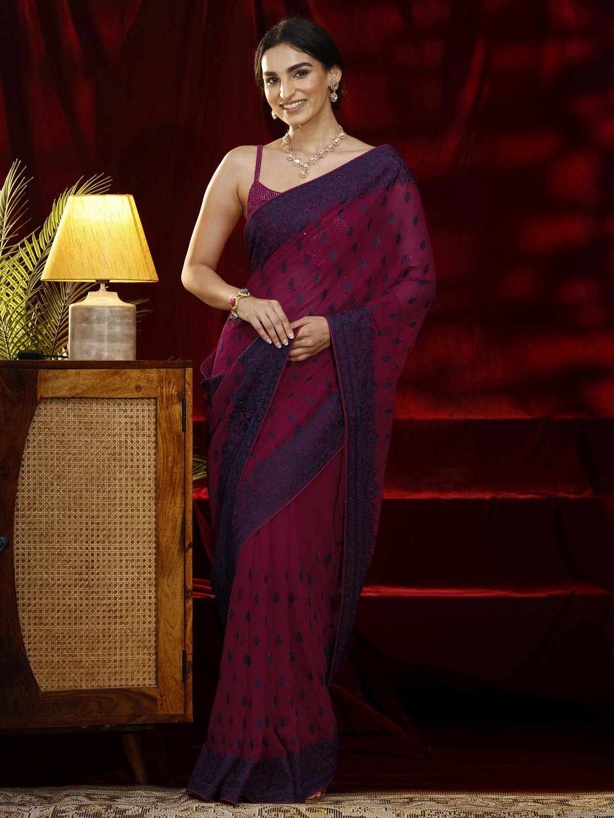 Anouk Pink Floral Embroidered Georgette Saree