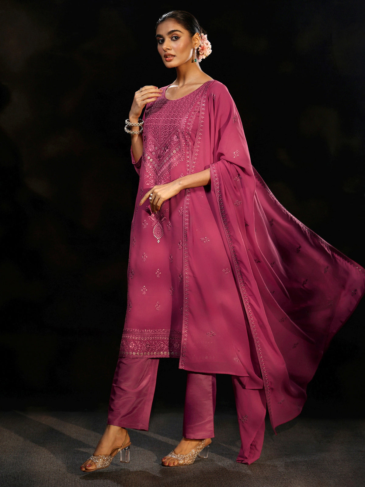 Anouk Pink Floral Embroidered Georgette Straight Suit Set