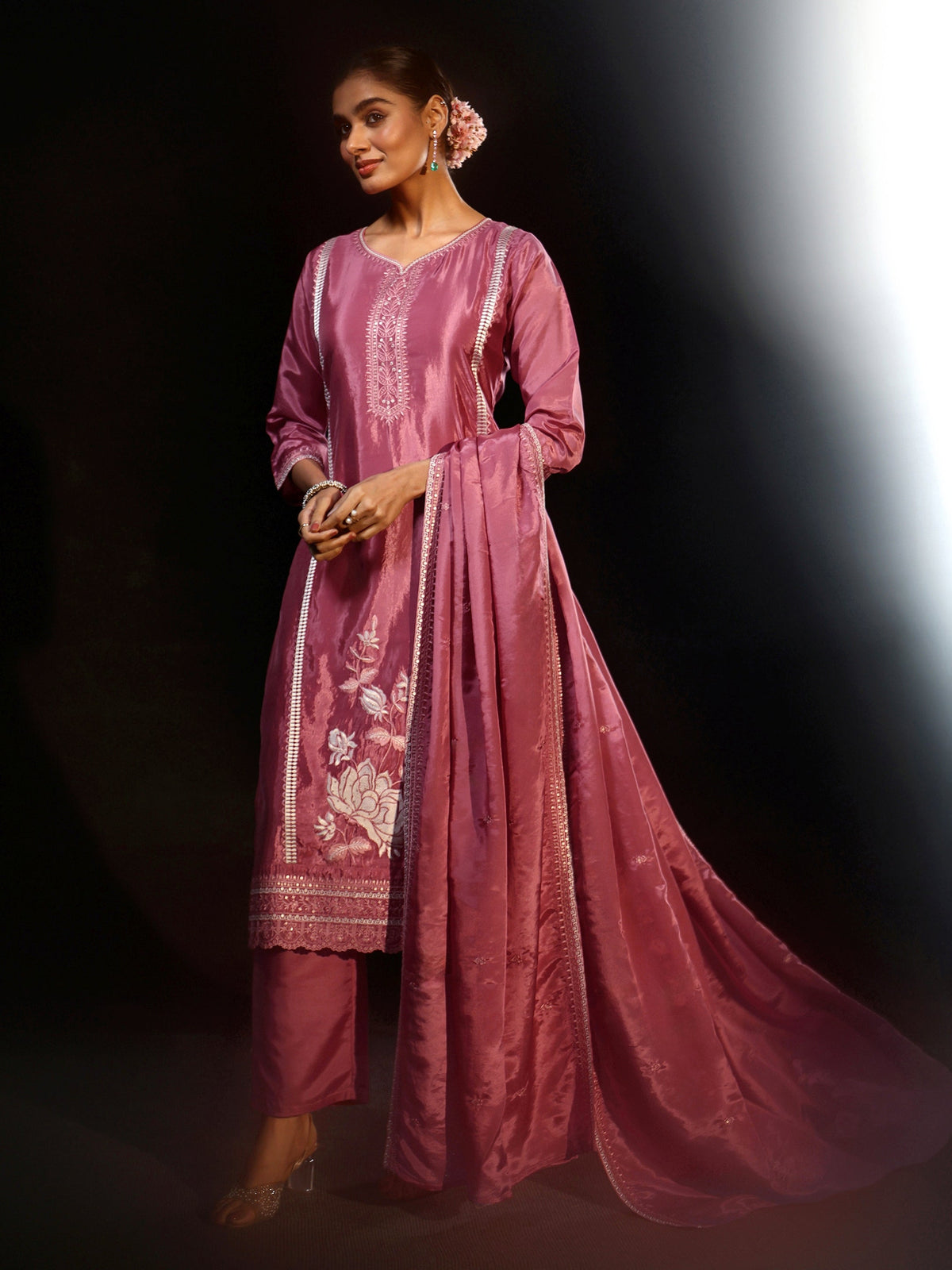 Anouk Pink Floral Embroidered Organza Straight Suit Set