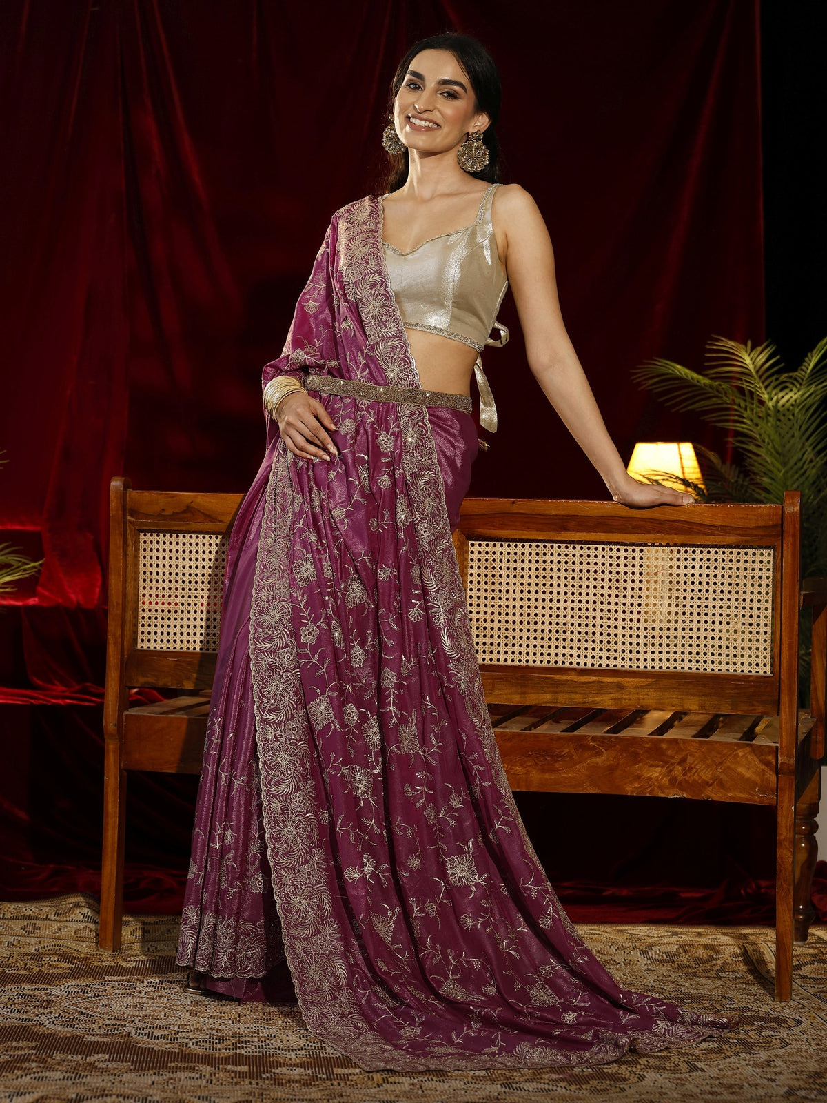 Anouk Pink Floral Embroidered Satin Saree